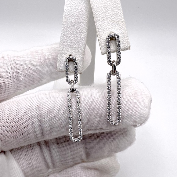 .925 Sterling Silver Rhodium Plated Dangling CZ Paperclip Earrings - Picture 7 of 17